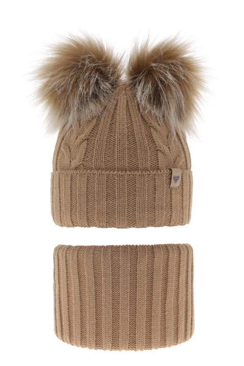 Ensemble d'hiver fille: bonnet et snood, camel, avec deux pompons, Amala