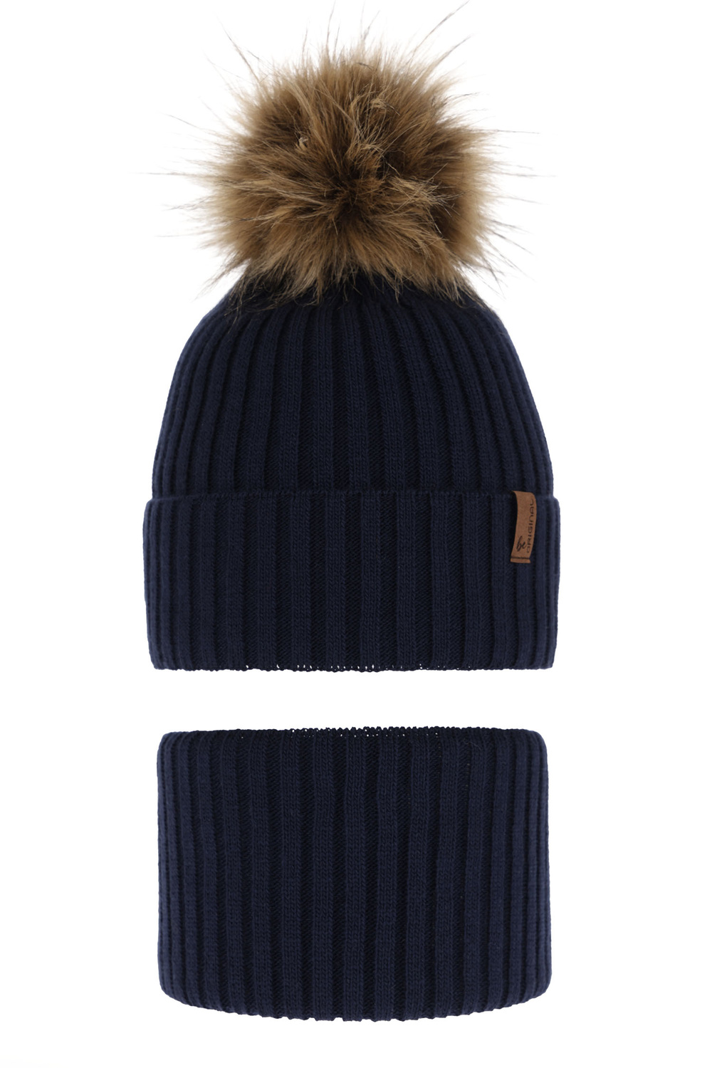 Ensemble d'hiver garçon: bonnet et snood, bleu marine, avec pompon, Onyks