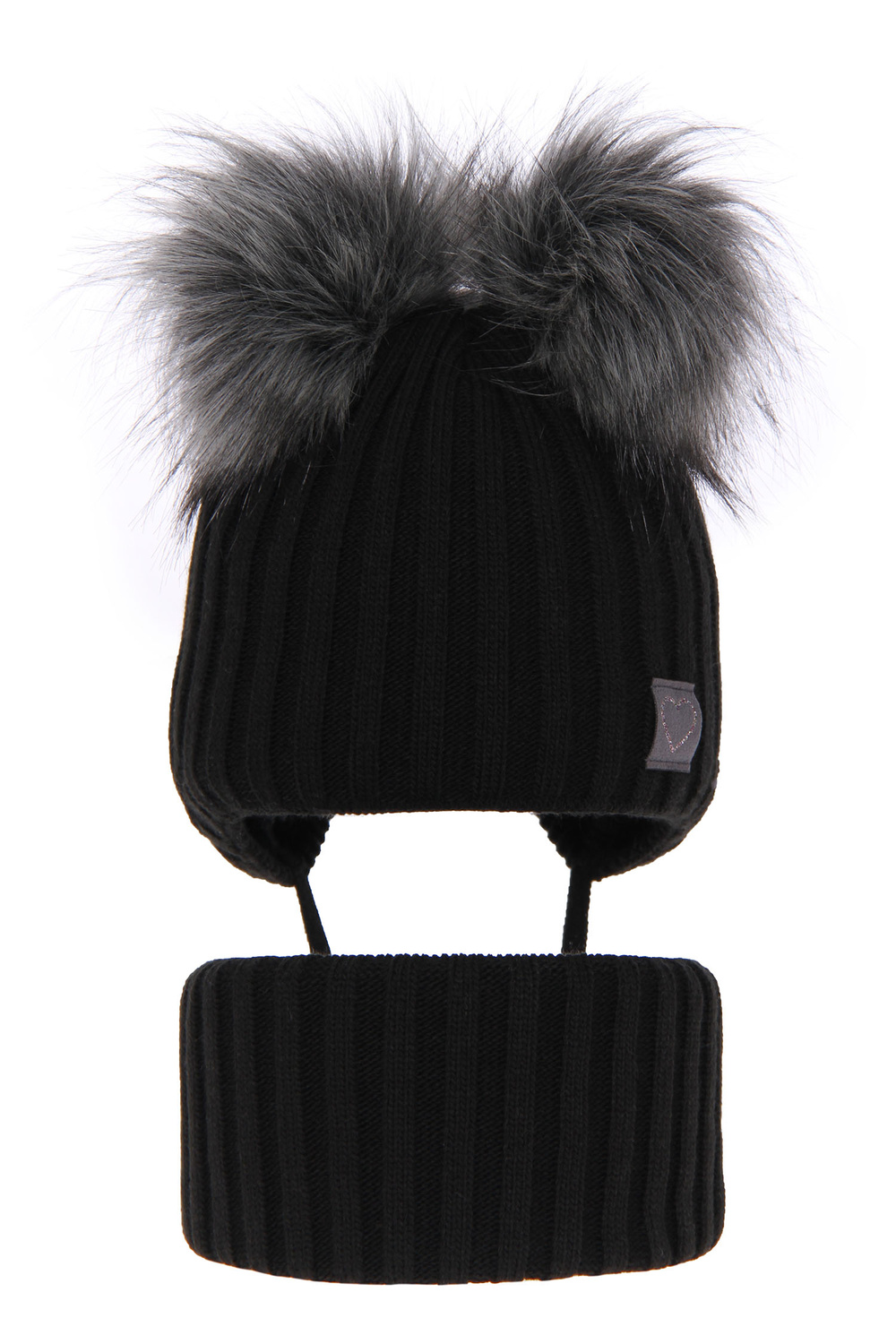 Ensemble d'hiver fille: bonnet et snood, noir, avec deux pompons, avec liens, Telisa