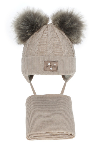 Ensemble d'hiver fille: bonnet et écharpe, beige, avec fil brillant, avec deux pompons, Klarita