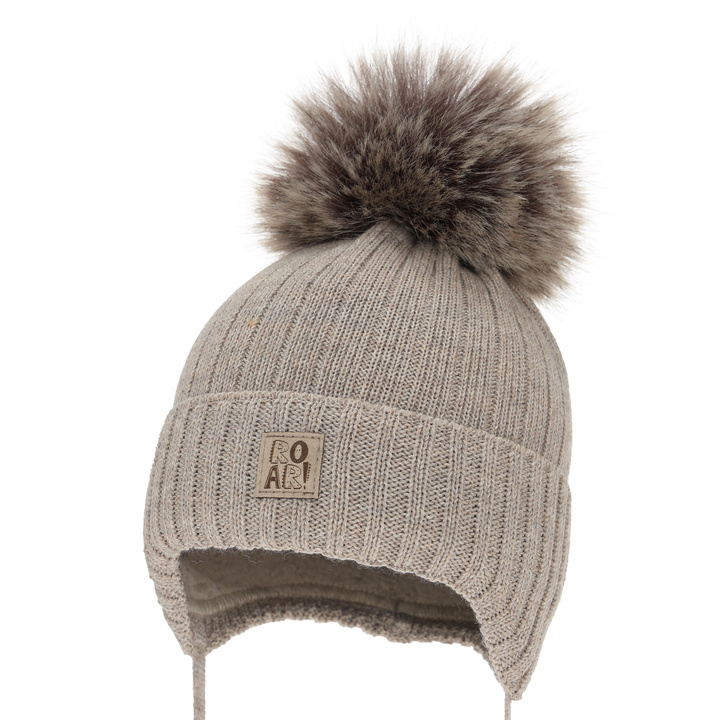 Bonnet d'hiver garçon, avec liens, avec laine mérinos, beige, Nabil