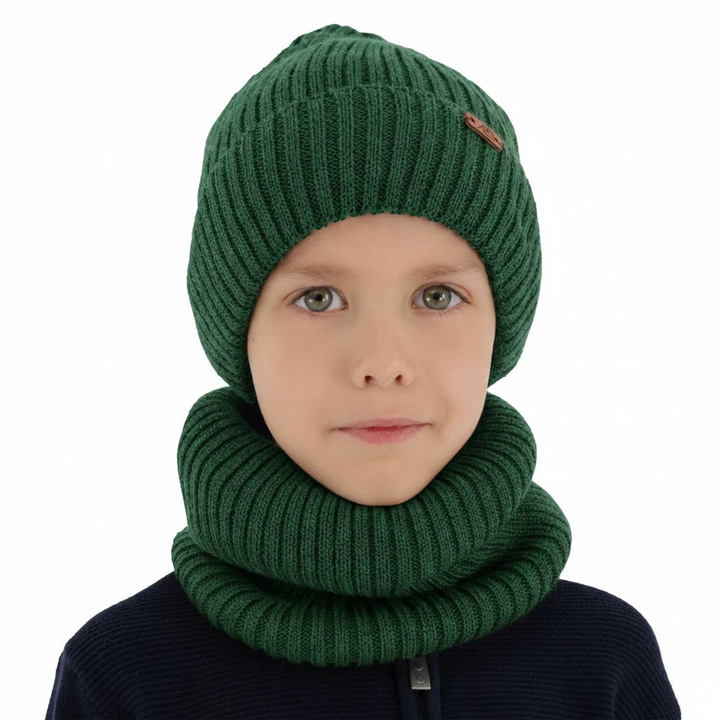 Ensemble d'hiver garçon: bonnet et snood, vert, avec laine mérinos, doublé de polaire, Palermo