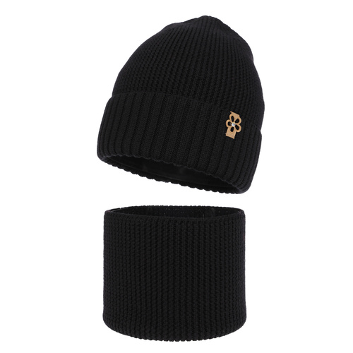 Ensemble d'hiver fille: bonnet et snood, noir, avec laine mérinos, Nelita
