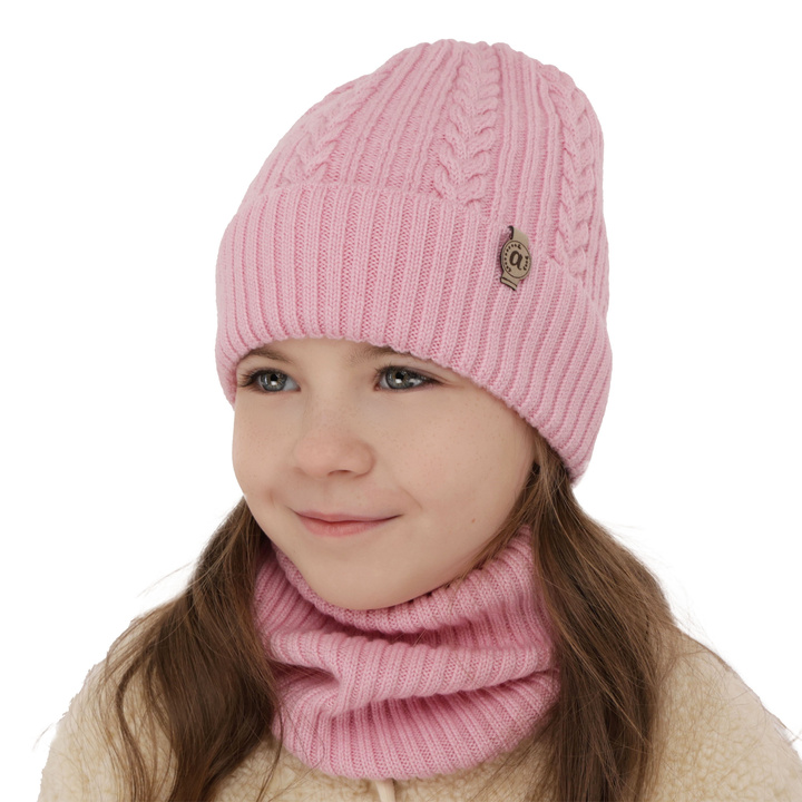 Ensemble d'hiver fille: bonnet et snood, rose, avec laine mérinos, Jenny