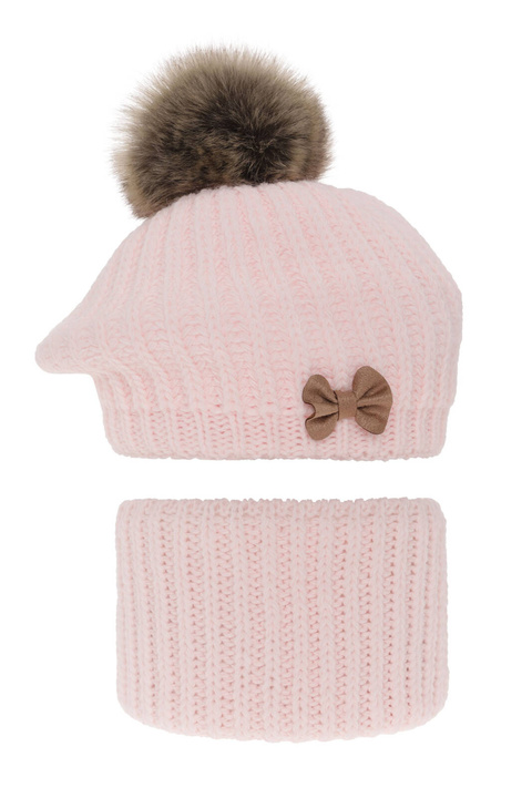 Ensemble d'hiver fille: beret et snood, rose clair, avec pompon, Polinezja