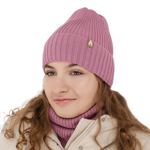 Ensemble d'hiver fille: bonnet et snood, violet, avec laine mérinos, doublé de polaire, Peggy