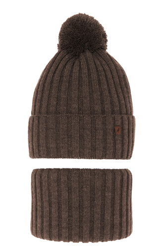 Ensemble d'hiver garçon: bonnet et snood, brun, avec pompon, Wiliam