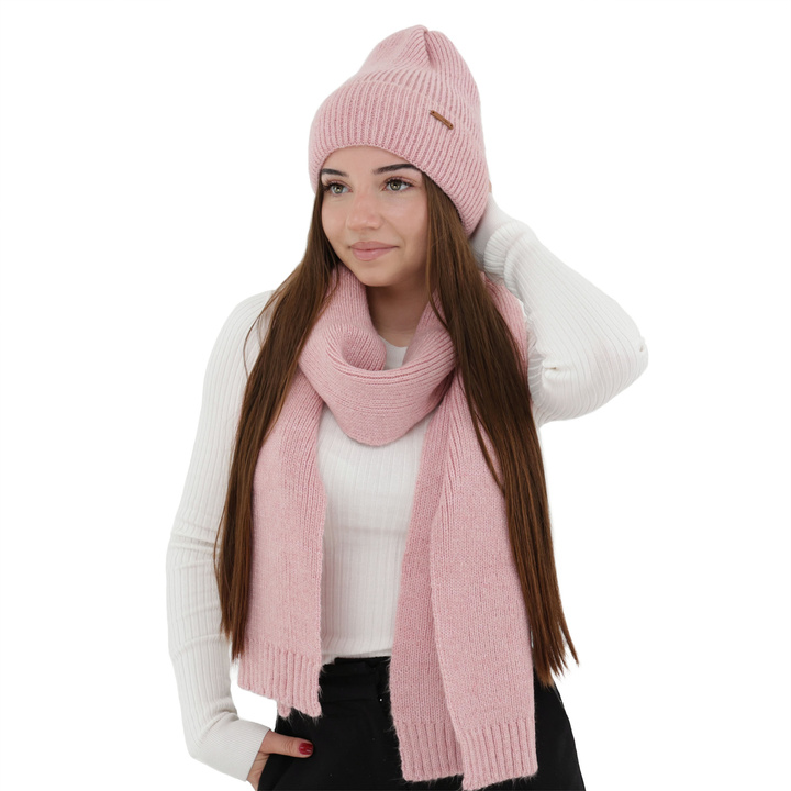 Ensemble d'hiver femme: bonnet et écharpe, rose, avec laine mérinos, Seala