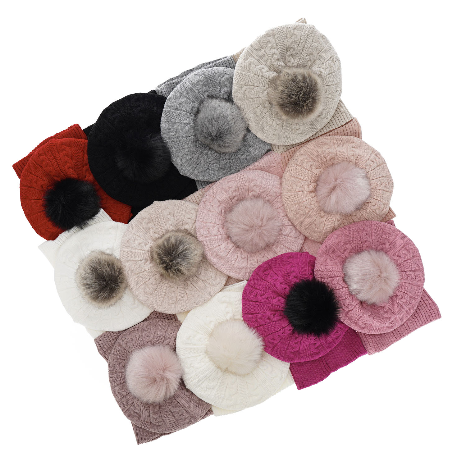 Ensemble d'hiver fille: beret et snood, rose, avec pompon, Koffi