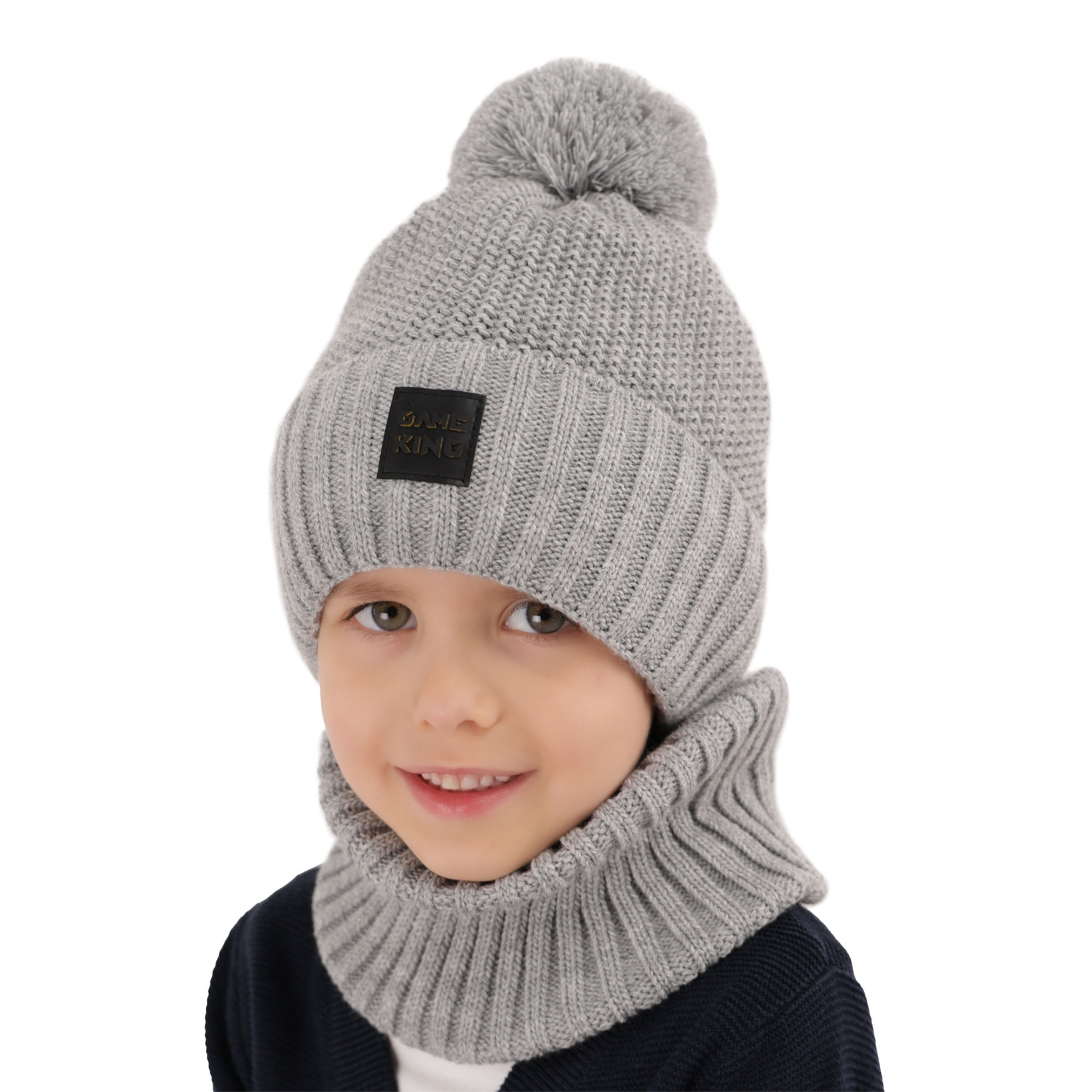 Ensemble d'hiver garçon: bonnet et snood, brun, avec pompon, Conan