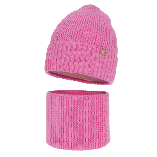 Ensemble d'hiver fille: bonnet et snood, rose, avec laine mérinos, Nelita