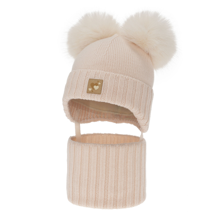 Ensemble bonnet et tour de cou fille, hiver, rose clair, 100% laine mérinos, doublé polaire laine, Ronia