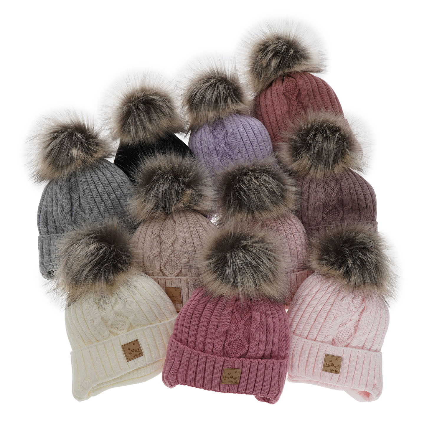Ensemble d'hiver fille: bonnet et snood, gris, avec pompon, Aida