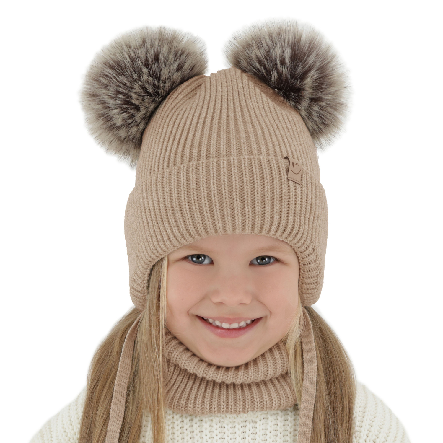 Ensemble d'hiver fille: bonnet et snood, noir, avec deux pompons, avec liens, Zori