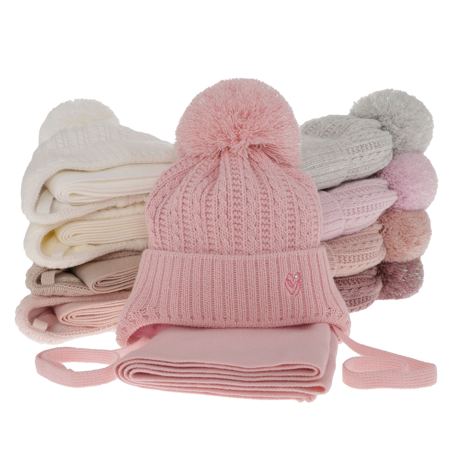 Ensemble d'hiver fille: bonnet et écharpe, rose, avec pompon, avec liens, Marisa