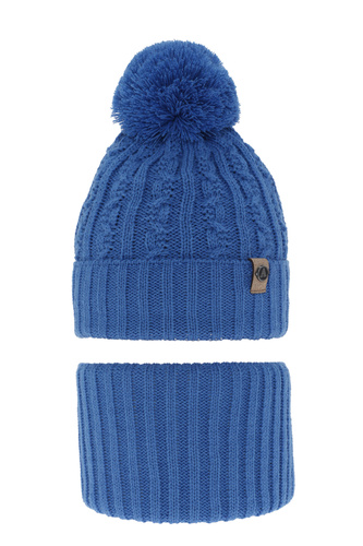 Ensemble d'hiver garçon: bonnet et snood, bleu, avec pompon, Almond
