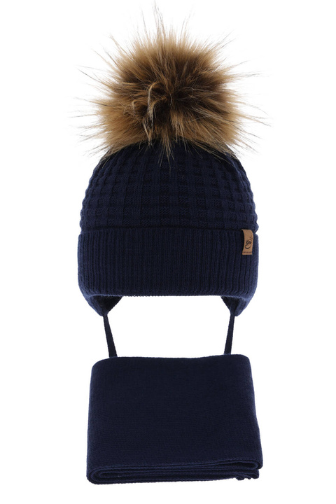 Ensemble d'hiver garçon: bonnet et écharpe, bleu marine, avec liens, Salem