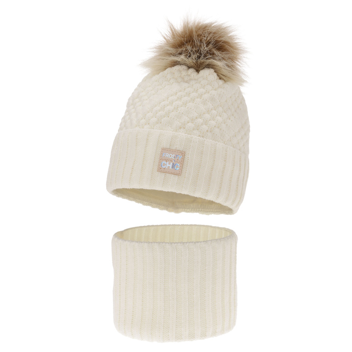 Ensemble d'hiver fille: bonnet et snood, crème, avec pompon, Alena
