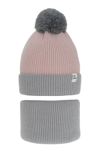 Ensemble d'hiver fille: bonnet et snood, gris, avec pompon, Rosalin