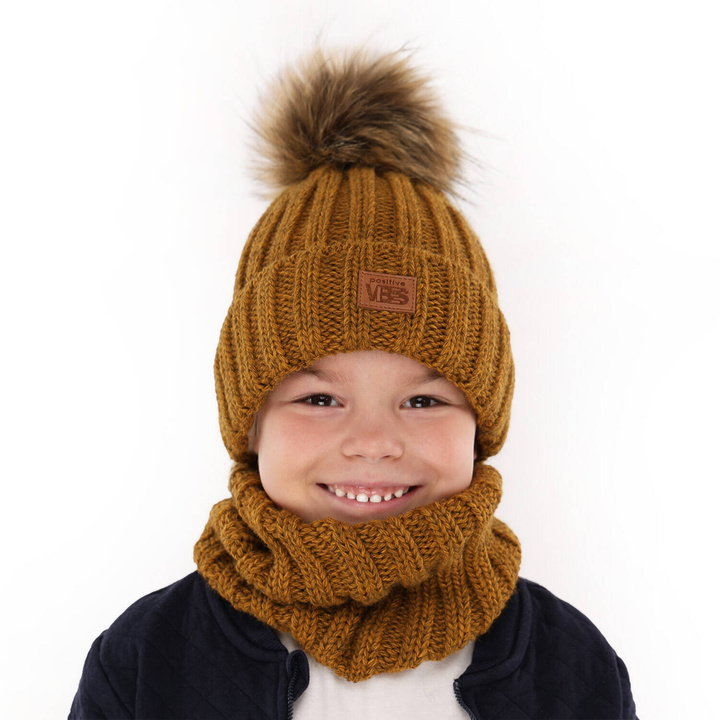 Ensemble d'hiver garçon: bonnet et snood, moutarde, avec pompon, Remes