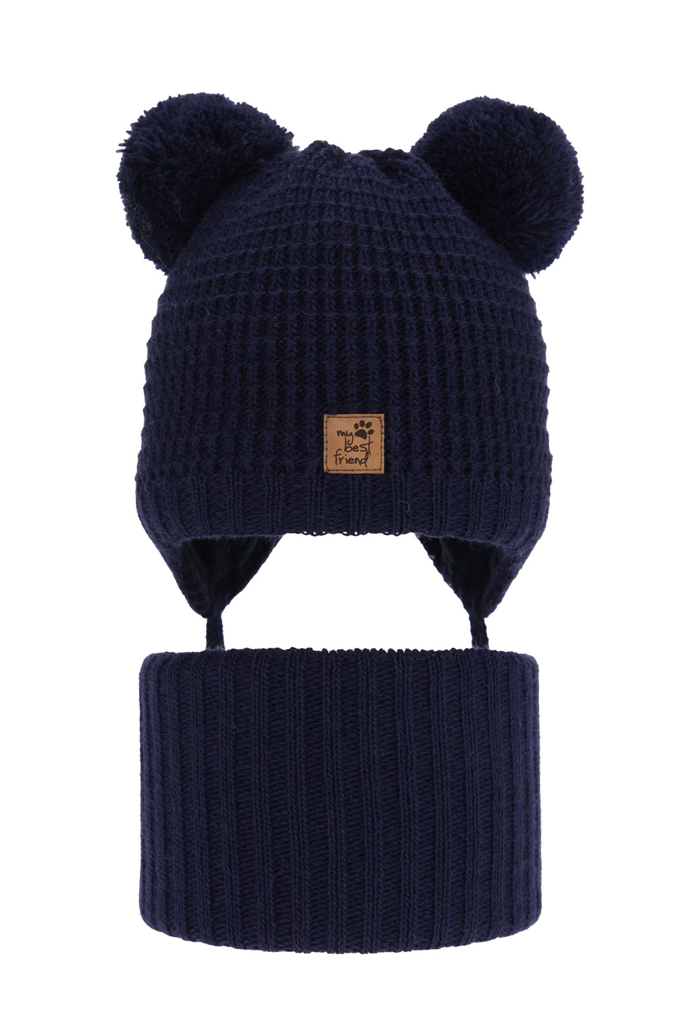 Ensemble d'hiver garçon: bonnet et snood, bleu marine, avec liens, avec deux pompons, Krispi