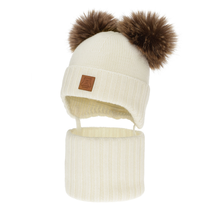 Ensemble bonnet et tour de cou garçon, hiver, crème, 100% laine mérinos, doublé polaire laine, Ronik