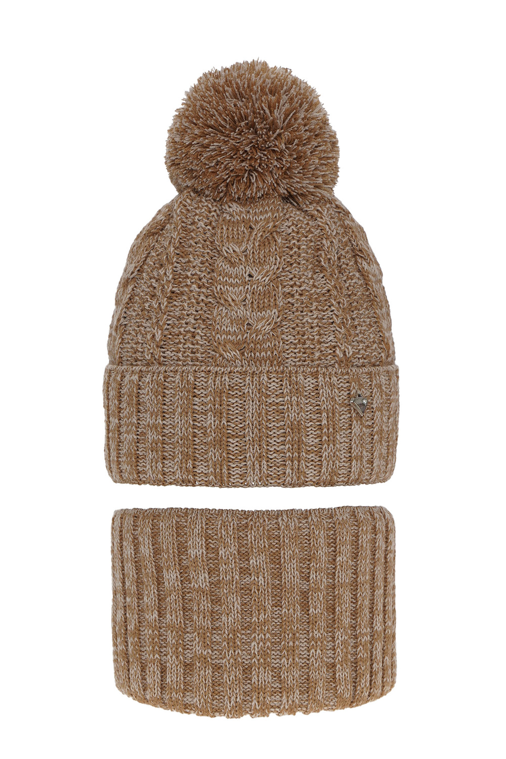 Ensemble d'hiver fille: bonnet et snood, brun, avec pompon, Maroko