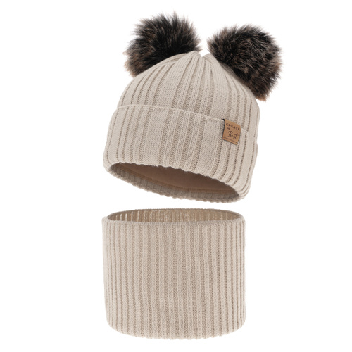 Ensemble d'hiver garçon: bonnet et snood, beige, avec deux pompons, Bilard