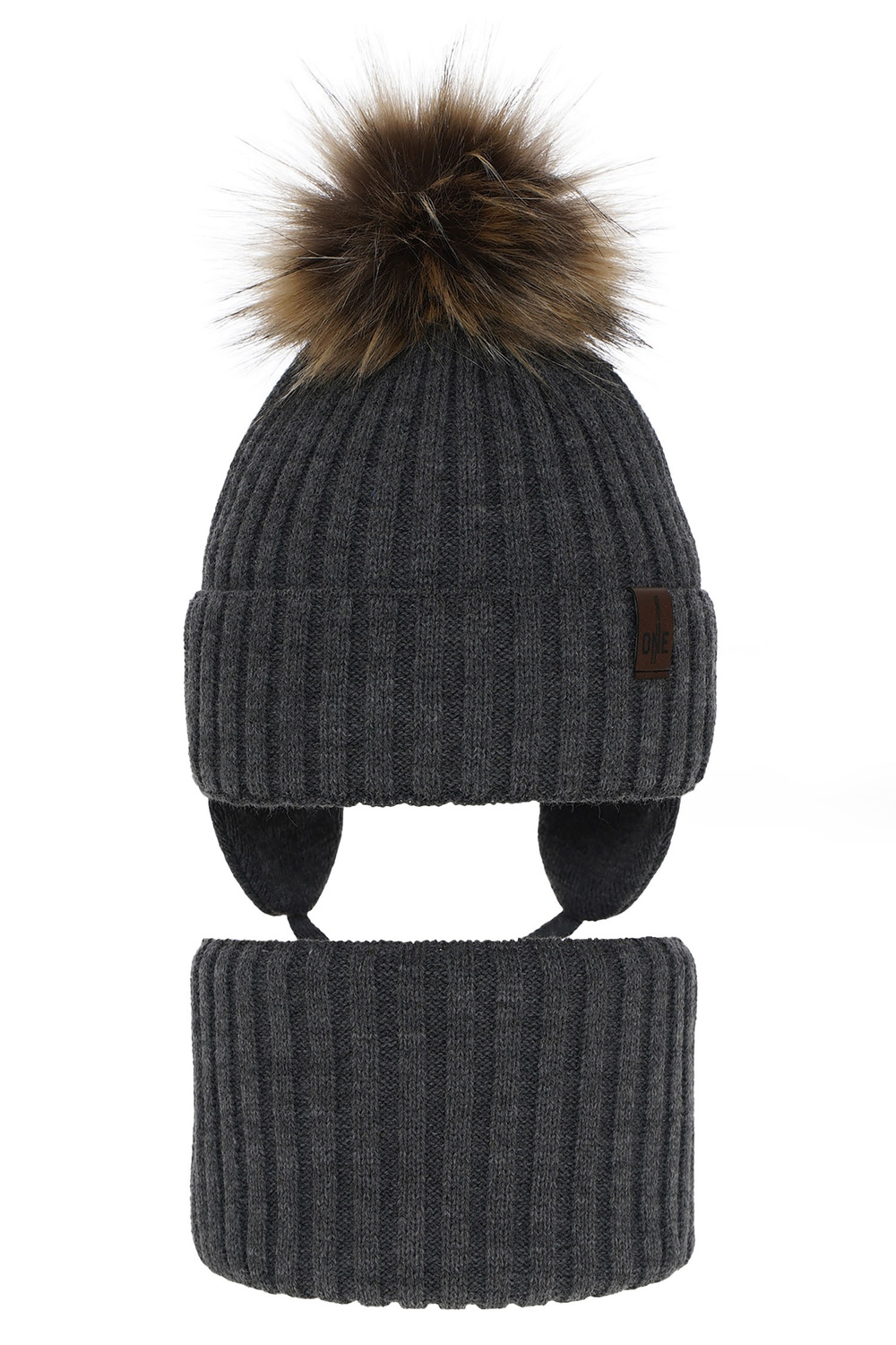 Ensemble d'hiver garçon: bonnet et snood, gris foncé, avec pompon, Puzel
