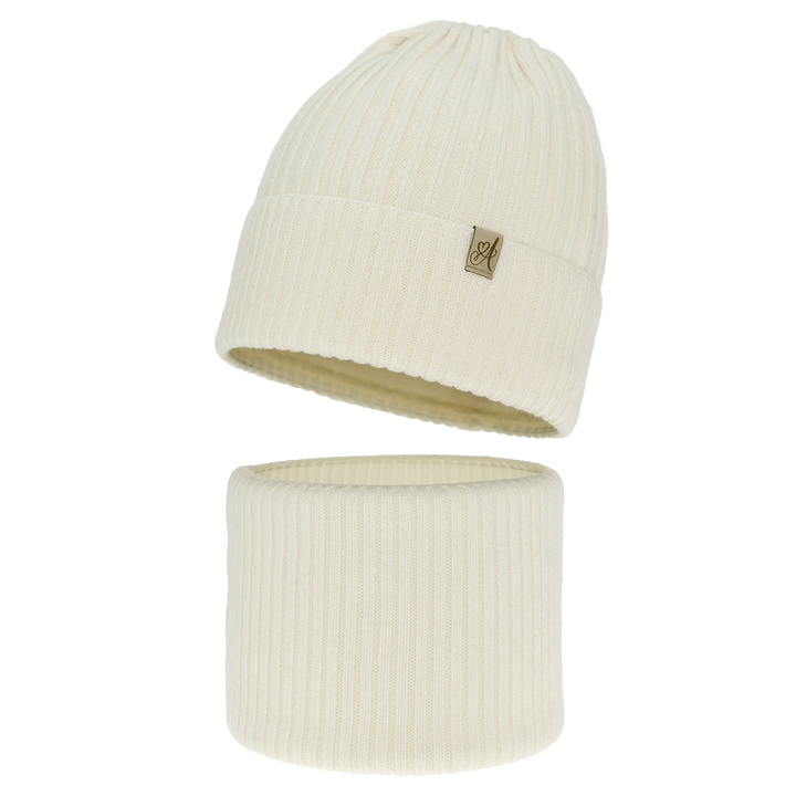 Ensemble d'hiver fille: bonnet et snood, crème, avec laine mérinos, Patricia