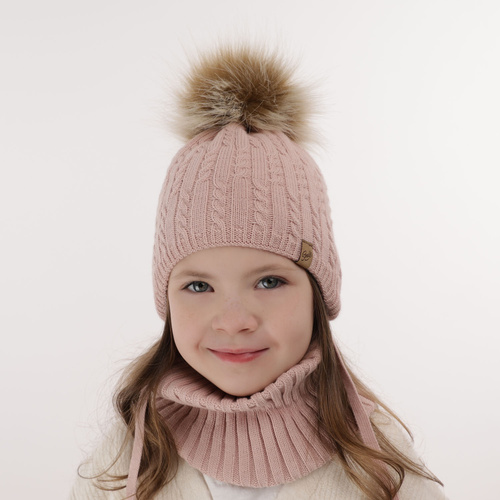 Ensemble d'hiver fille: bonnet et snood, blanc, avec pompon, Loreley
