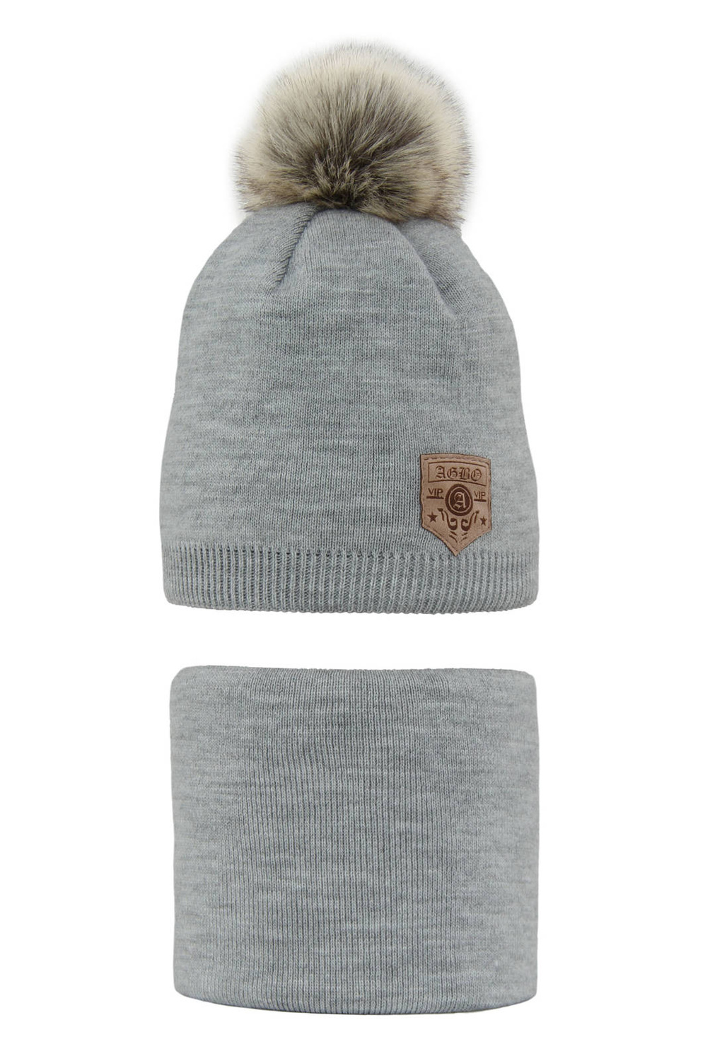 Ensemble d'hiver garçon: bonnet et snood, gris, avec pompon, Apolin