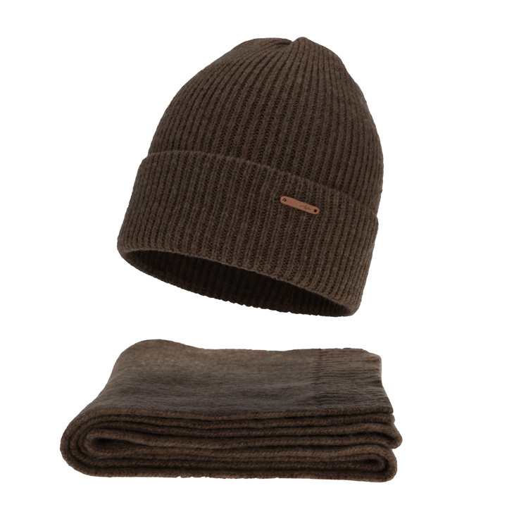 Ensemble d'hiver femme: bonnet et écharpe, marron, avec laine mérinos, Seala