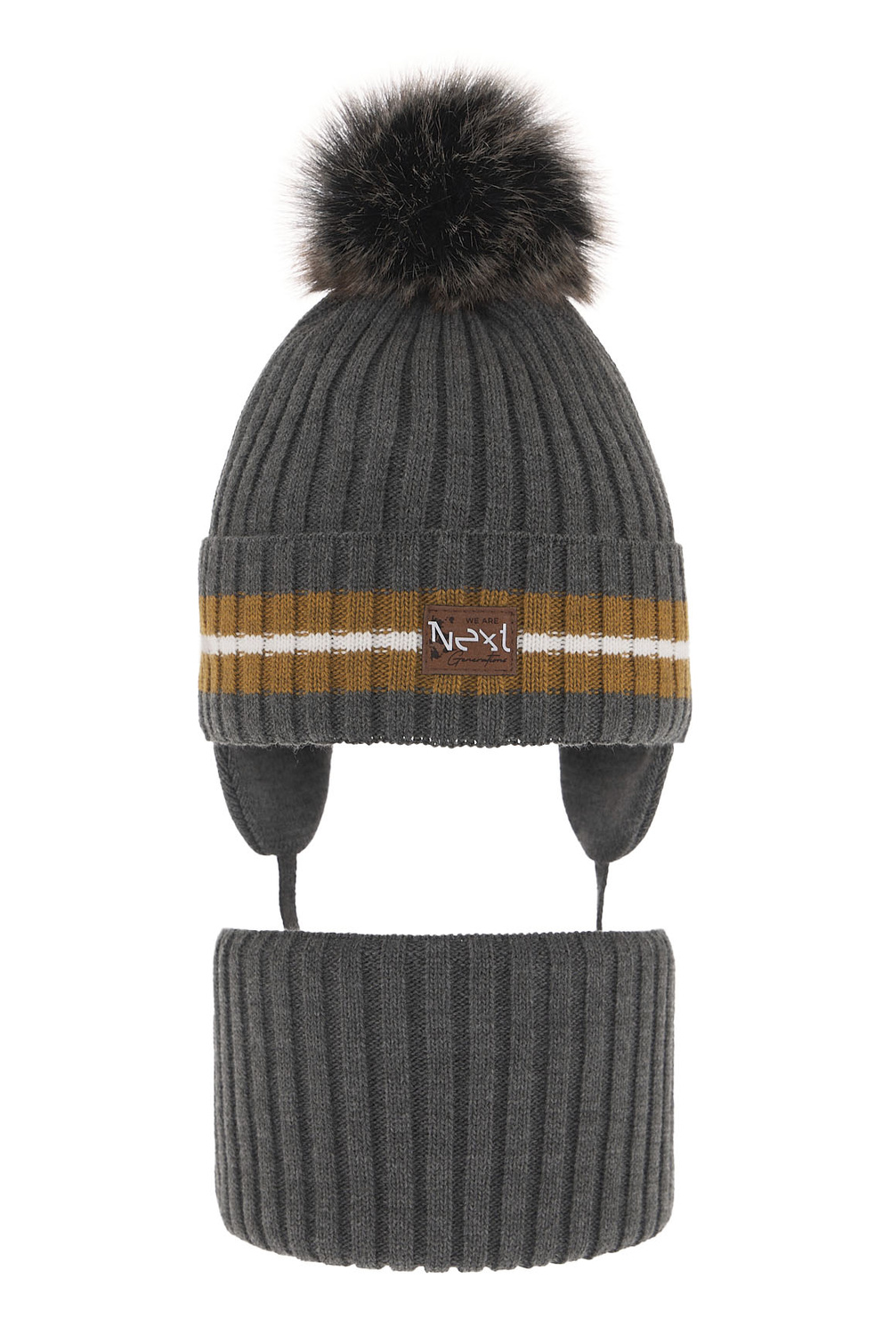 Ensemble d'hiver garçon: bonnet et snood, gris, avec pompon, Echo