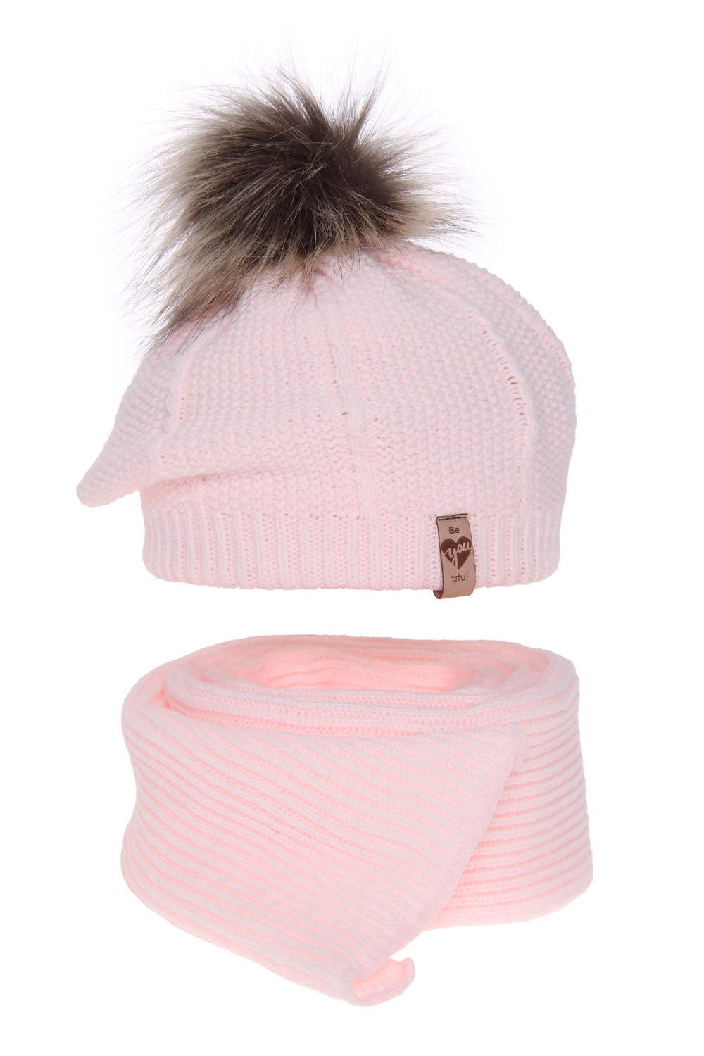 Ensemble d'hiver fille: beret et écharpe, rose, avec pompon, Elif