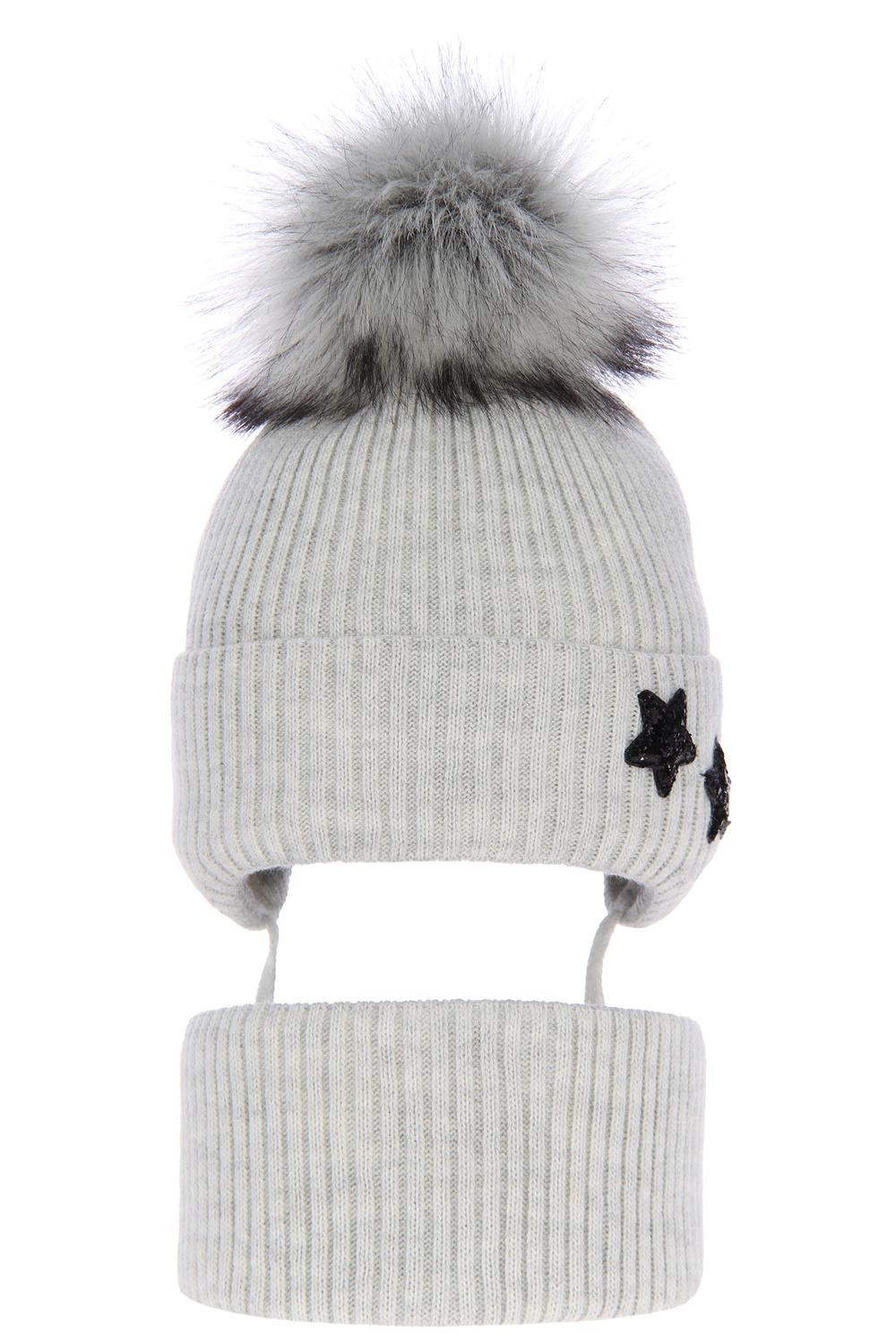 Ensemble d'hiver fille: bonnet et snood, gris, avec liens, Delicja