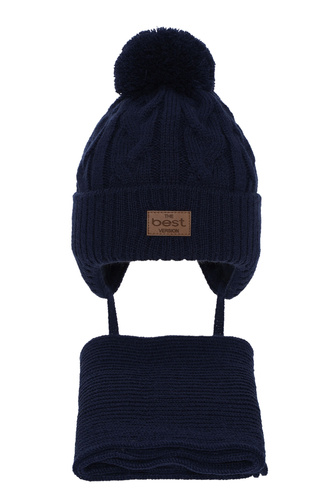 Ensemble d'hiver garçon: bonnet et écharpe, bleu marine, avec pompon, Remix