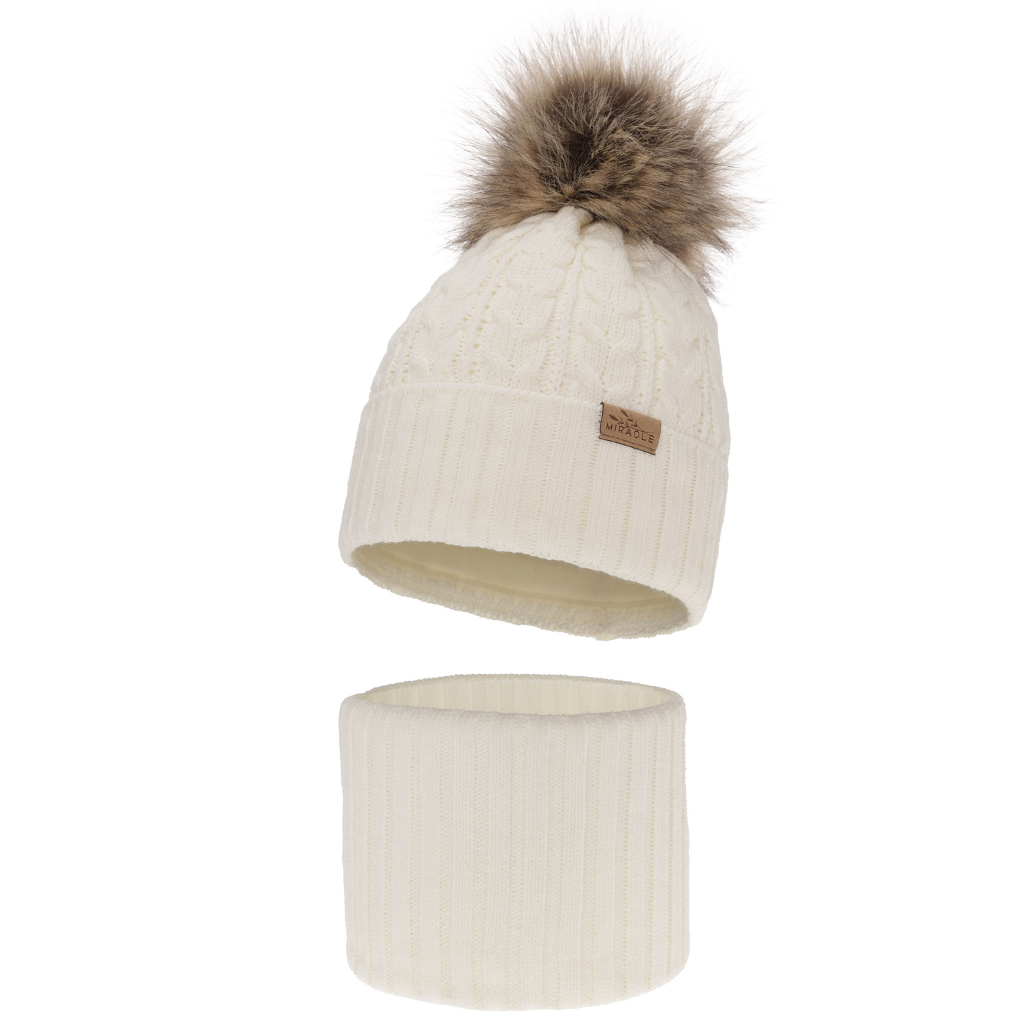 Ensemble d'hiver fille: bonnet et snood, crème, avec pompon, Tanzania