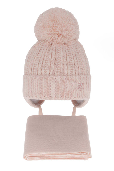 Ensemble d'hiver fille: bonnet et écharpe, rose clair, avec liens, avec pompon, Marisa