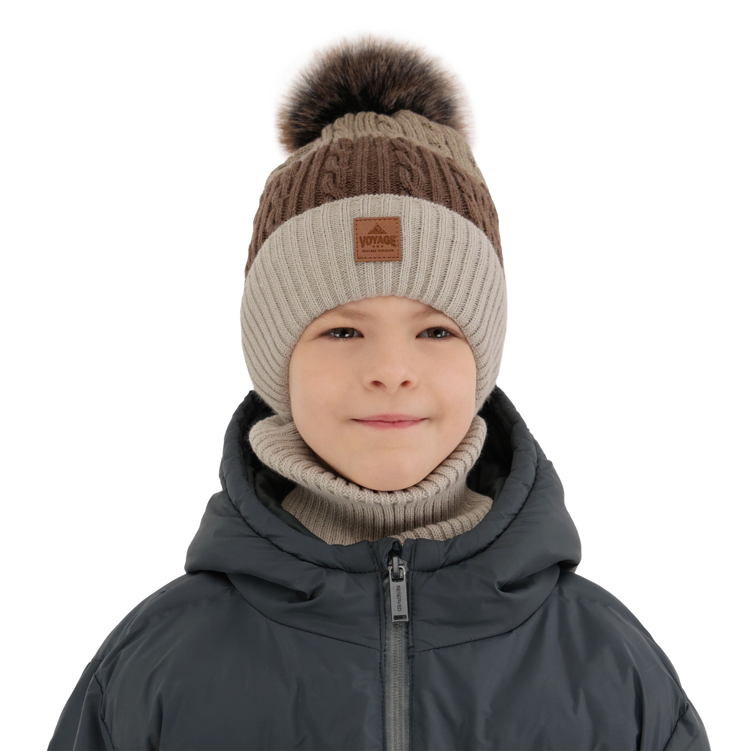 Ensemble d'hiver garçon: bonnet et snood, gris, avec pompon, Luxor