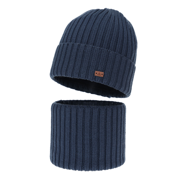 Ensemble d'hiver garçon: bonnet et snood, bleu, 100% Laine Mérinos, Umberto