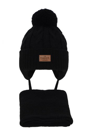 Ensemble d'hiver garçon: bonnet et écharpe, noir, avec pompon, avec liens, Remix