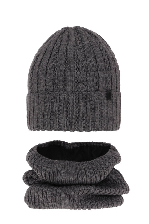 Ensemble d'hiver garçon: bonnet et snood, gris, avec laine mérinos, doublé de polaire, Kairo