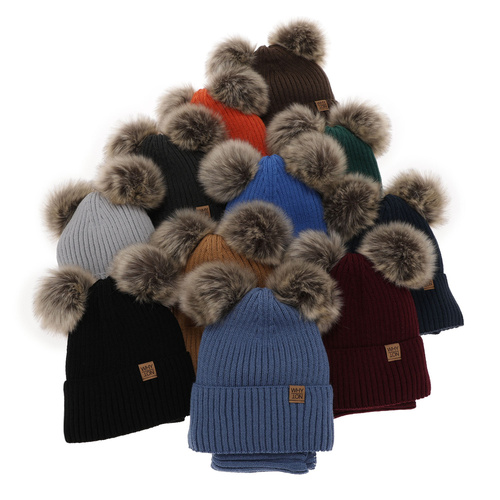Ensemble d'hiver garçon: bonnet et snood, bleu marine, avec deux pompons, Oxford