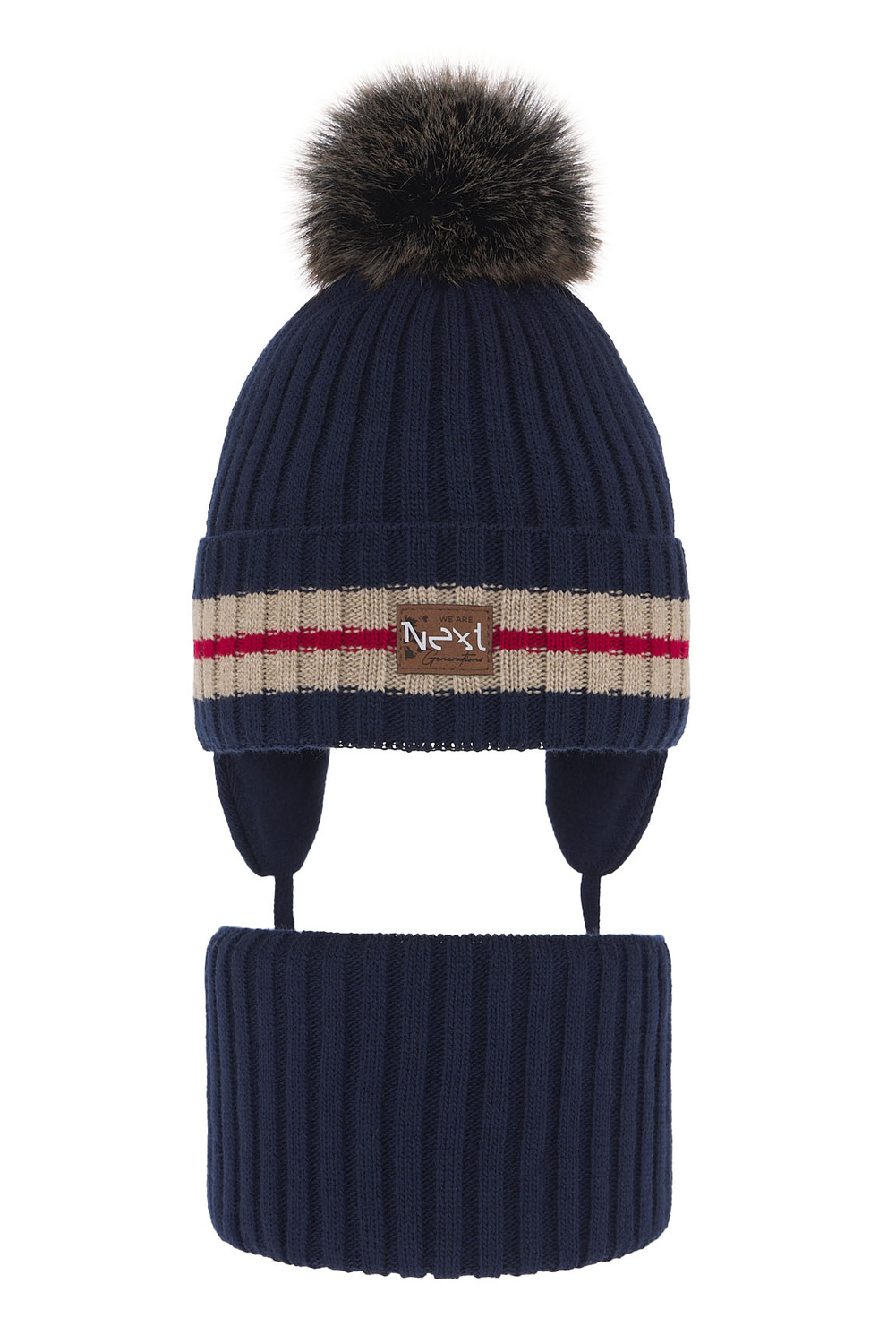 Ensemble d'hiver garçon: bonnet et snood, bleu marine, avec pompon, Echo