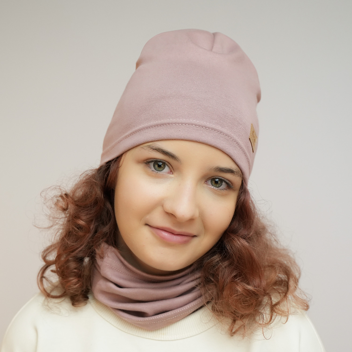 Ensemble automne/printemps fille: bonnet et snood, rose, en coton, Selfie