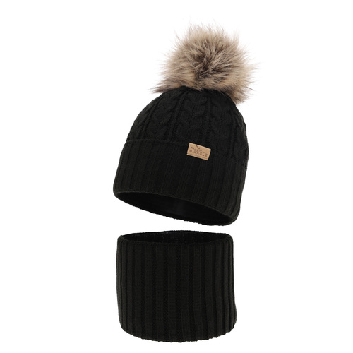 Ensemble d'hiver fille: bonnet et snood, noir, avec pompon, Tanzania