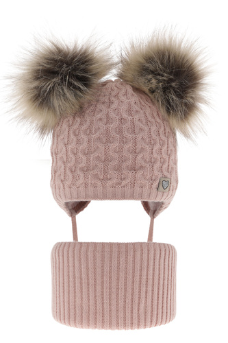 Ensemble d'hiver fille: bonnet et snood, rose clair, avec deux pompons, avec liens, Poliana