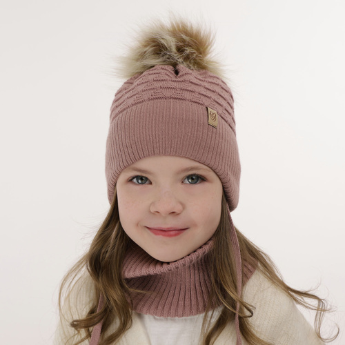 Ensemble d'hiver fille: bonnet et snood, rose, avec pompon, Egeria