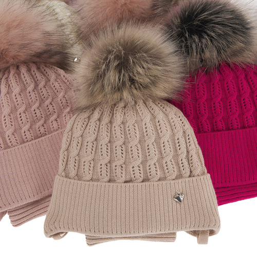 Ensemble d'hiver fille: bonnet et snood, blanc, avec pompon, avec liens, Tukana